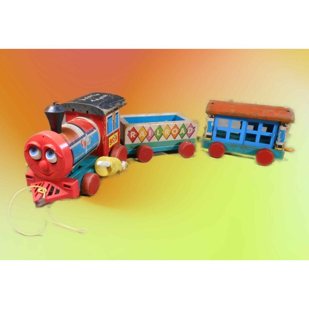 Fisher Price #999 Huffy Puffy Train Engine, Gondola, Cattle Car (Red Wheels)